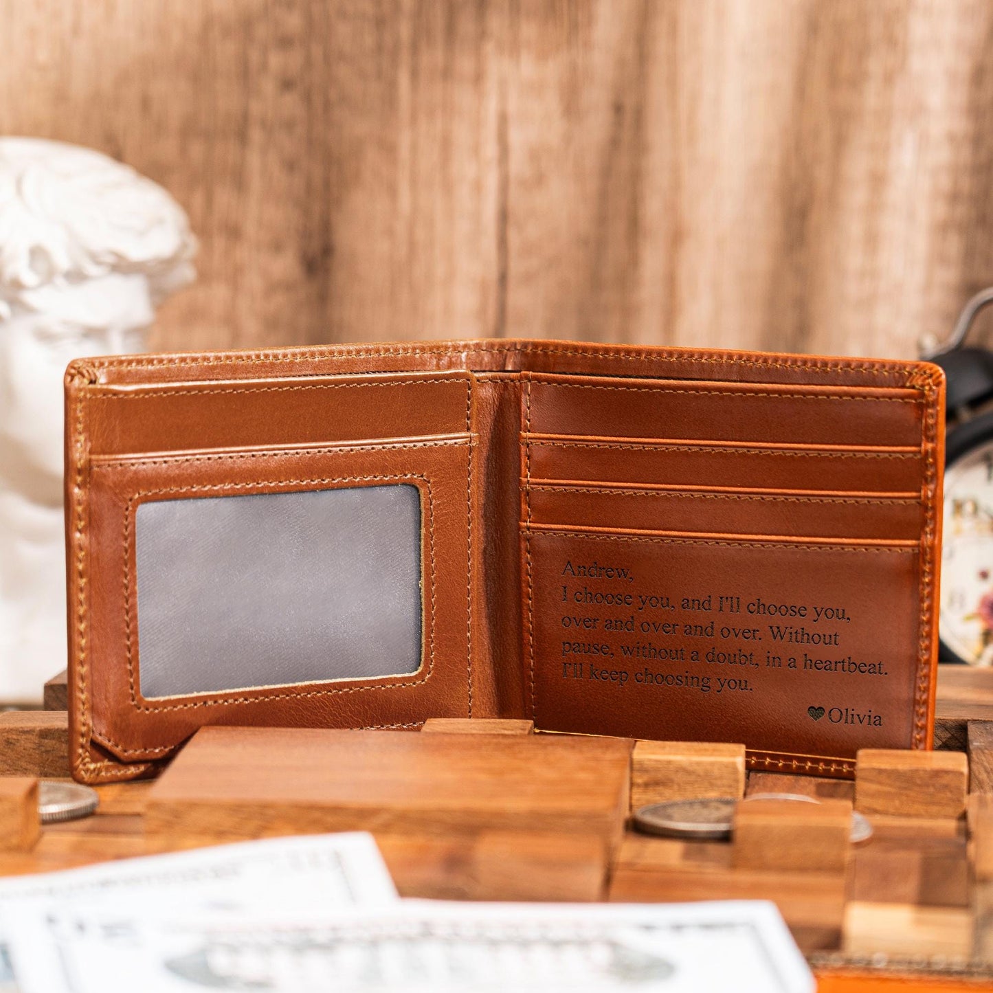 Personalized Leather Wallet, Custom Photo Leather Wallet, Engraved Mens Wallet, Anniversary Gift, Christmas Gift for Him, Men, Dad, Husband