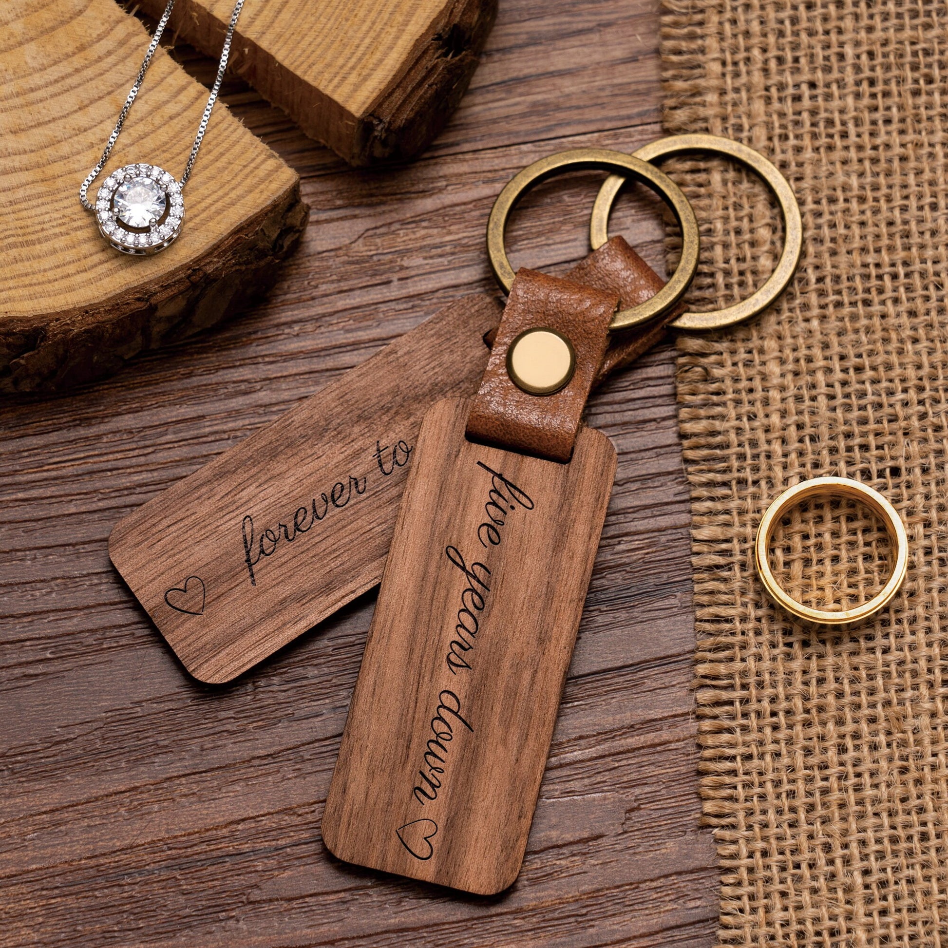 Personalised Wood Couple Keychain, Engraved Keyrings for Couple, Gift For Boyfriend / Husband, 5TH Anniversary Gift, Housewarming Party Gift