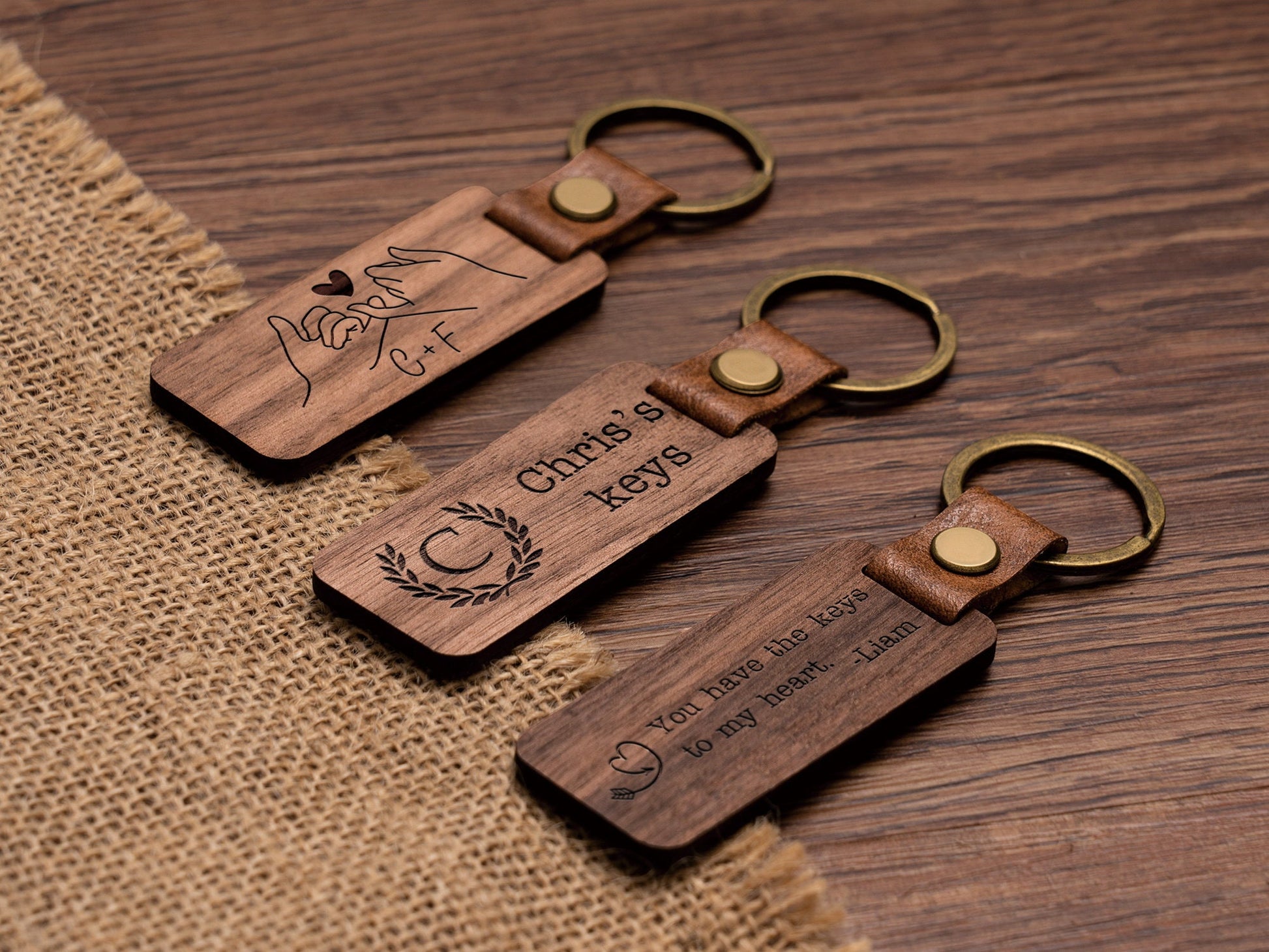 Personalized Walnut Wood Keychain, Engraved Keychain, Custom Wood Key Chain, Birthday or Anniversary Gift for Her or Him, Gift for Mom Dad