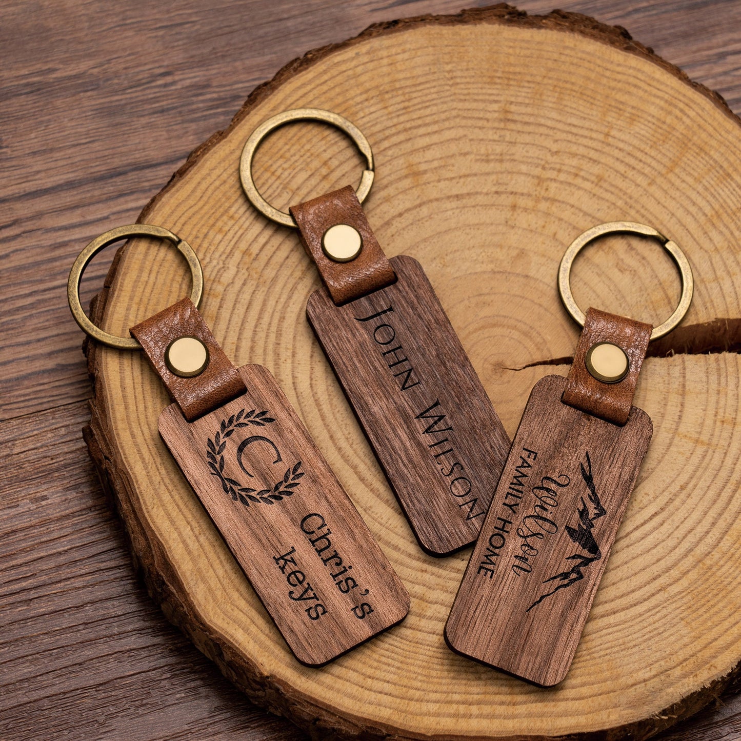 Personalized Walnut Wood Keychain, Engraved Keychain, Custom Wood Key Chain, Birthday or Anniversary Gift for Her or Him, Gift for Mom Dad