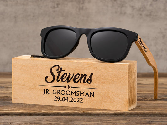 Junior Groomsmen Sunglasses, Custom Engraved Wood Sunglasses, Toddler Youth Kid Glasses, Jr. Groomsmen Proposal Gift Idea for Wedding Party