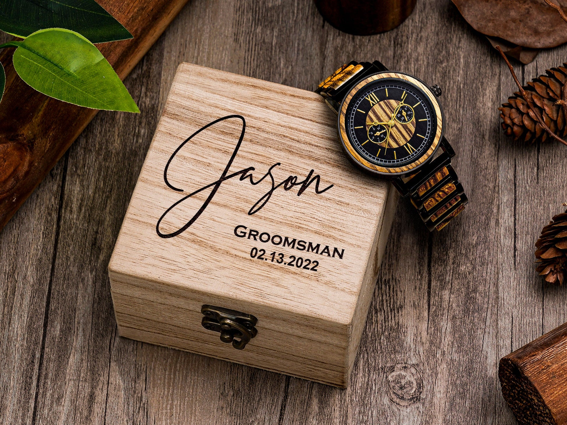 Engraved Wood Watch with Wood Box - Mens Watch, Anniversary Gift For Husband, Wedding Gift for Father of Bride, Groom, Groomsmen Gifts Watch