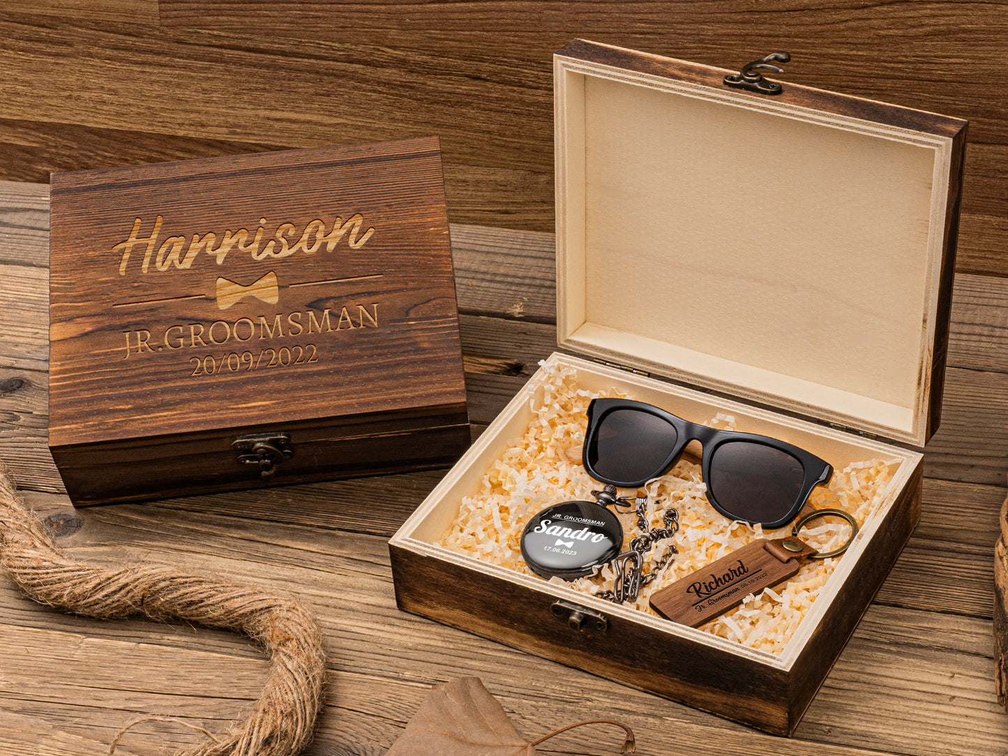 Jr. Groomsmen Gift Set, Engraved Pocket Watch, Walnut Wood Keychain, Ring Security Sunglasses, Wedding Gift for Kid, Custom Ring Bearer Gift