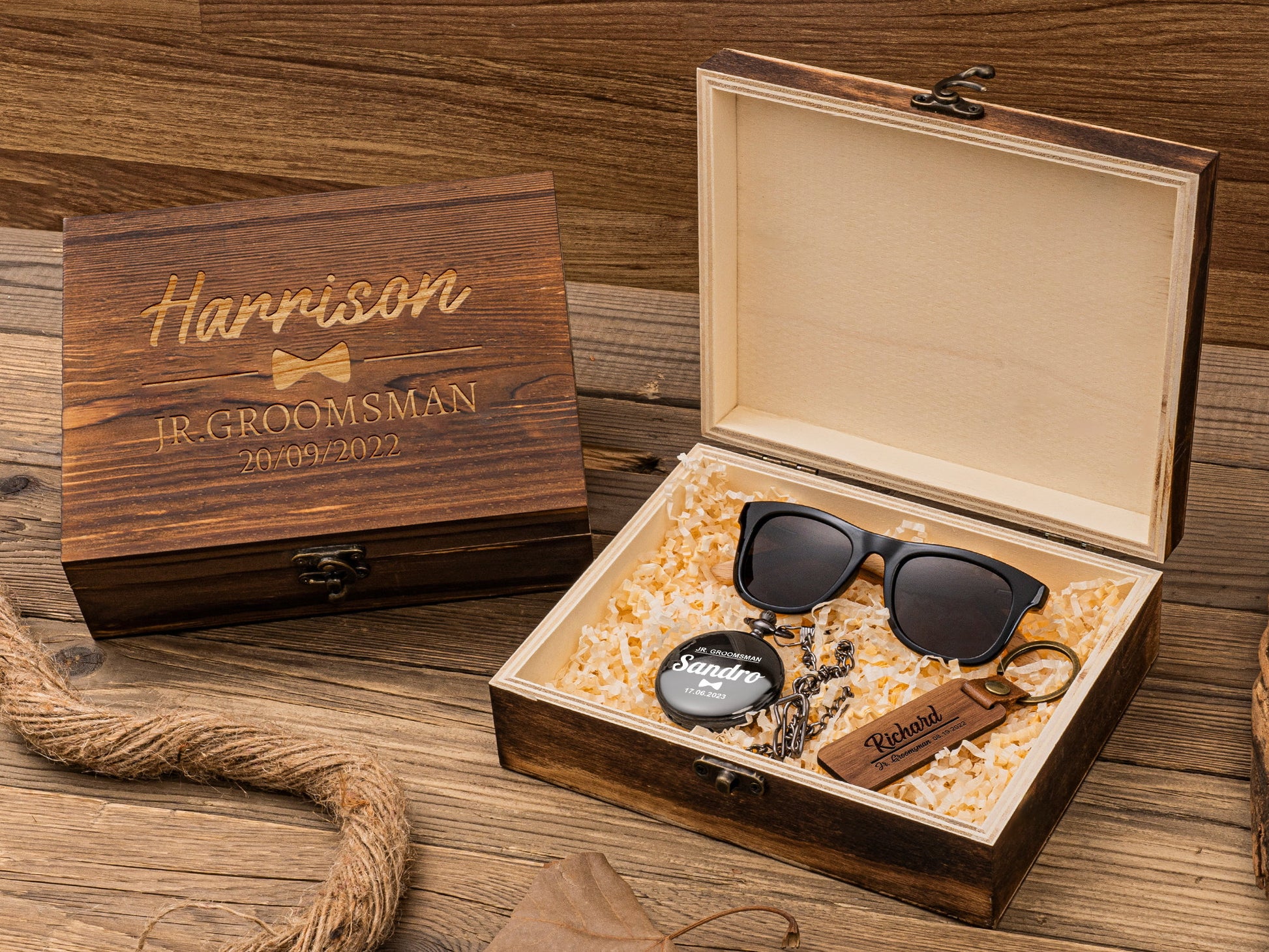 Jr. Groomsmen Gift Set, Engraved Pocket Watch, Walnut Wood Keychain, Ring Security Sunglasses, Wedding Gift for Kid, Custom Ring Bearer Gift