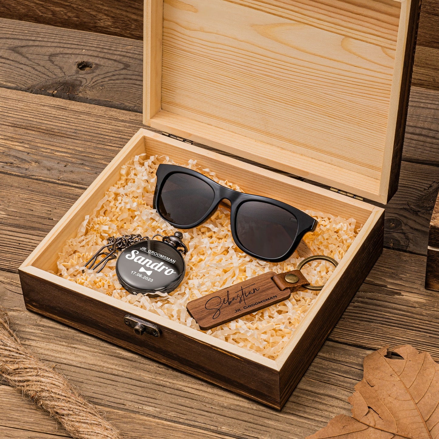 Jr. Groomsmen Gift Set, Engraved Pocket Watch, Walnut Wood Keychain, Ring Security Sunglasses, Wedding Gift for Kid, Custom Ring Bearer Gift