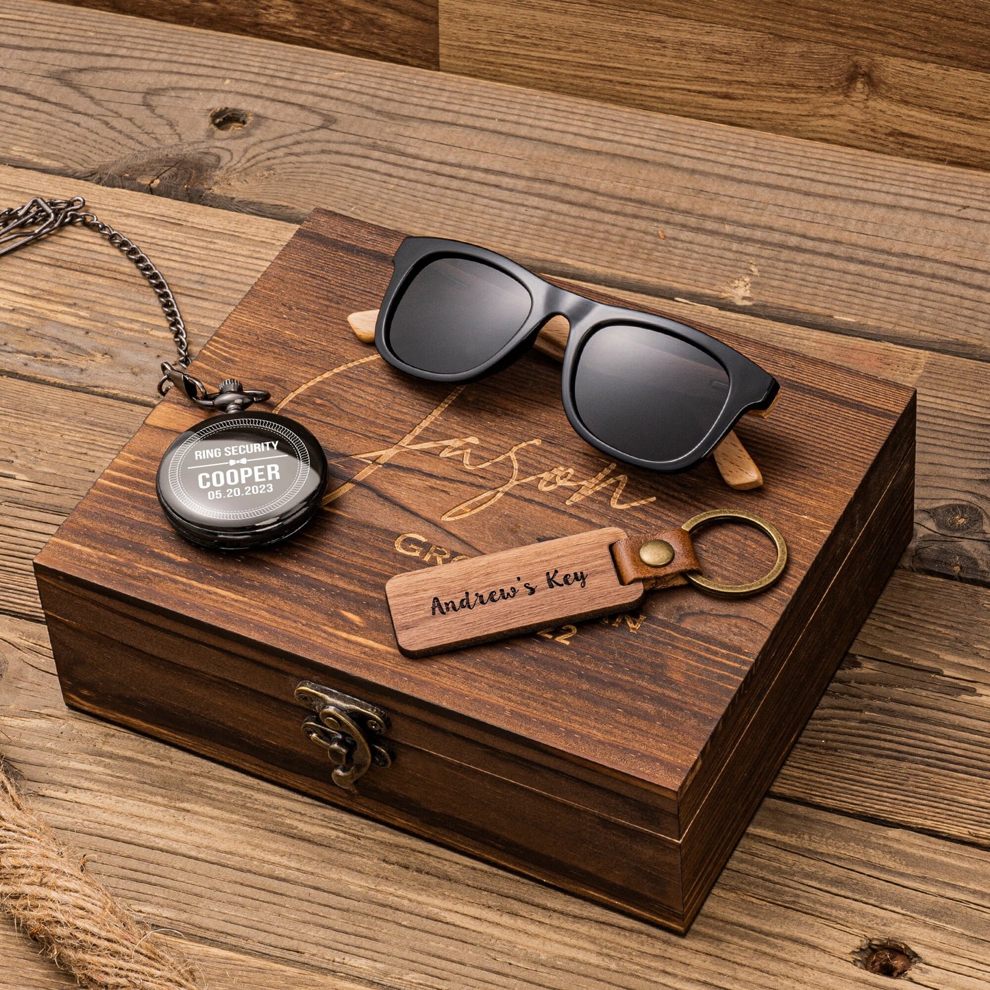 Jr. Groomsmen Gift Set, Engraved Pocket Watch, Walnut Wood Keychain, Ring Security Sunglasses, Wedding Gift for Kid, Custom Ring Bearer Gift