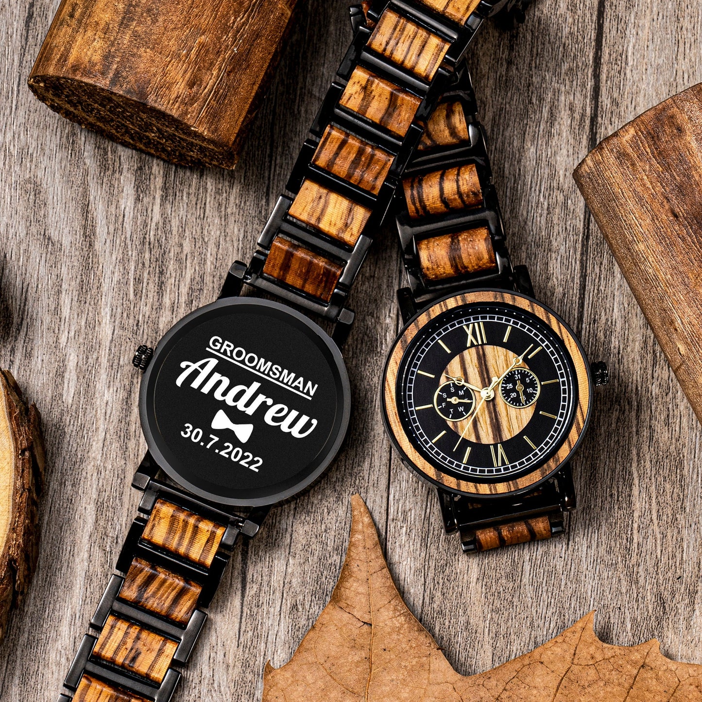 Engraved Wood Watch with Wood Box - Mens Watch, Anniversary Gift For Husband, Wedding Gift for Father of Bride, Groom, Groomsmen Gifts Watch