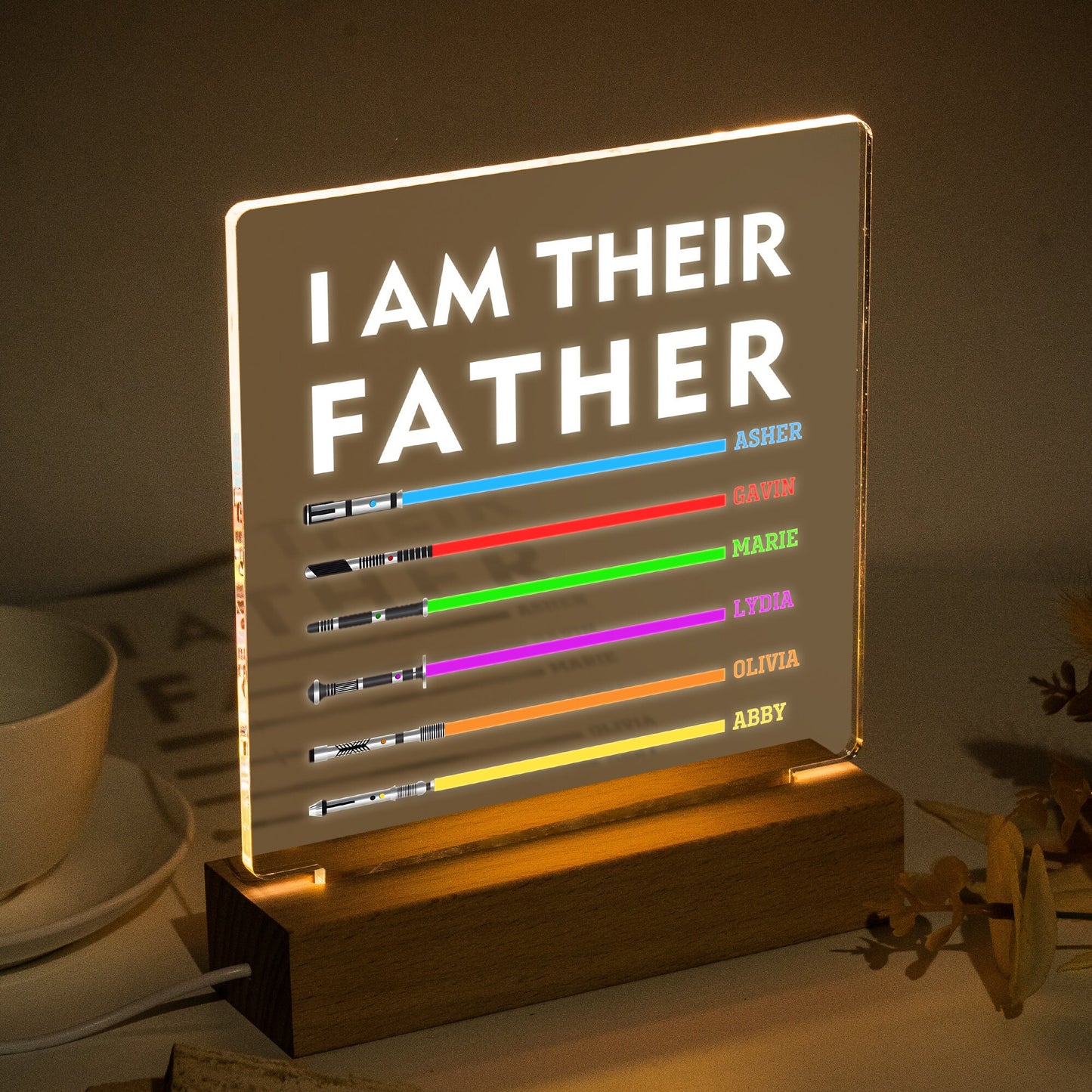Light Up - I Am Their Father Sign, I Am Their Grandfather, Father's Day Gift, Personalized Daddy Plaque, Custom Light Saber Child Names Sign