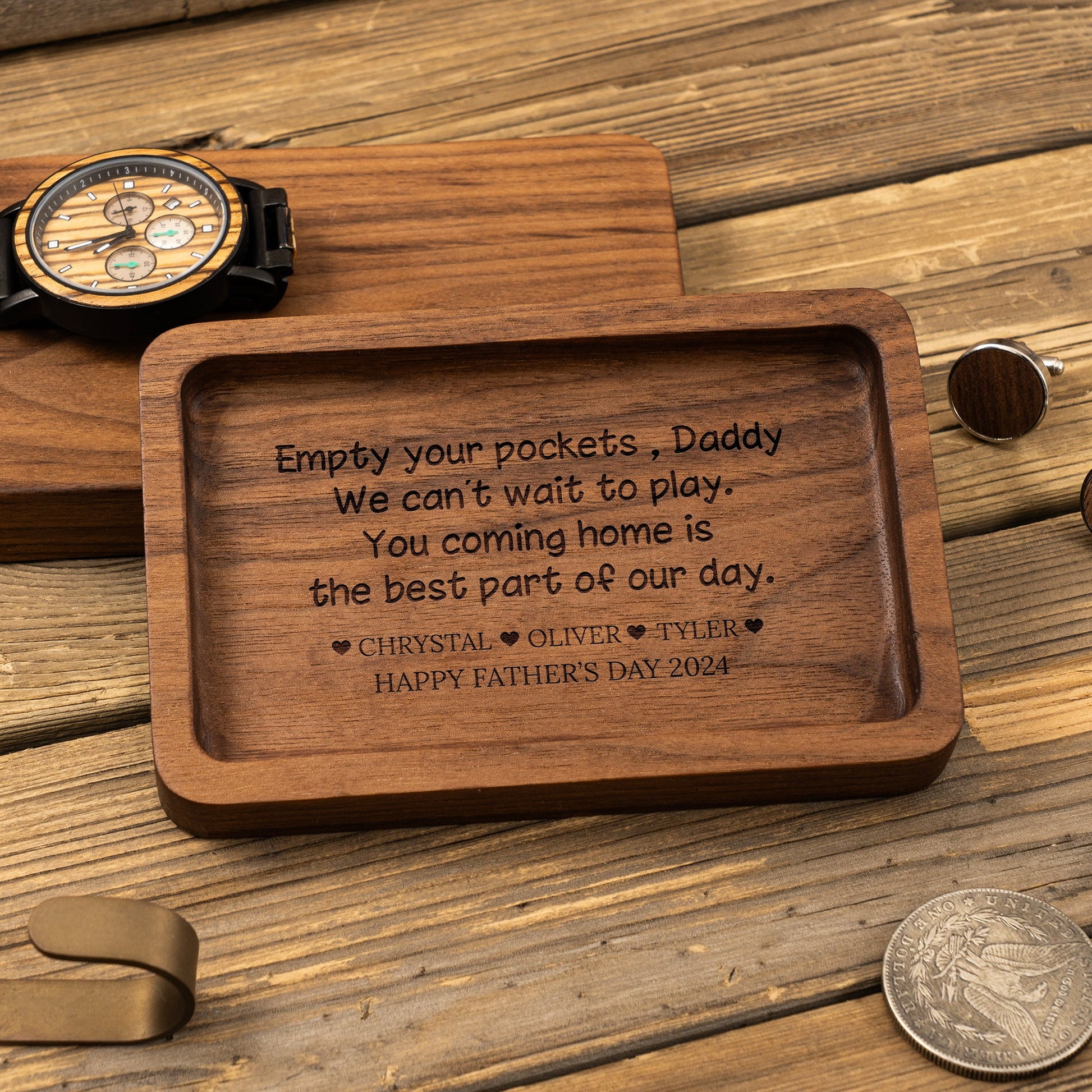 Empty your Pockets Daddy - Custom Engraved Wood Tray, Father's Day Gift for Dad, Custom Wood Catchall, Personalized Valet Tray for Men