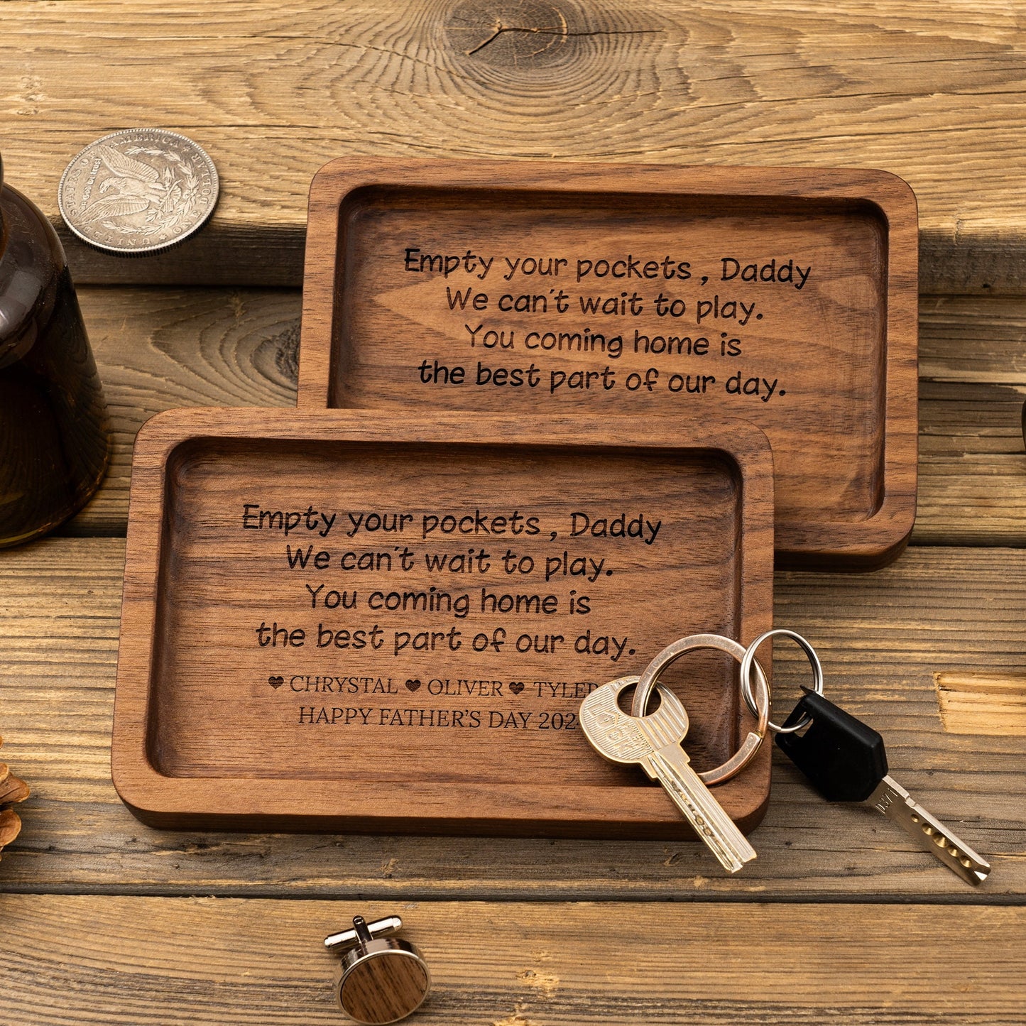 Empty your Pockets Daddy - Custom Engraved Wood Tray, Father's Day Gift for Dad, Custom Wood Catchall, Personalized Valet Tray for Men