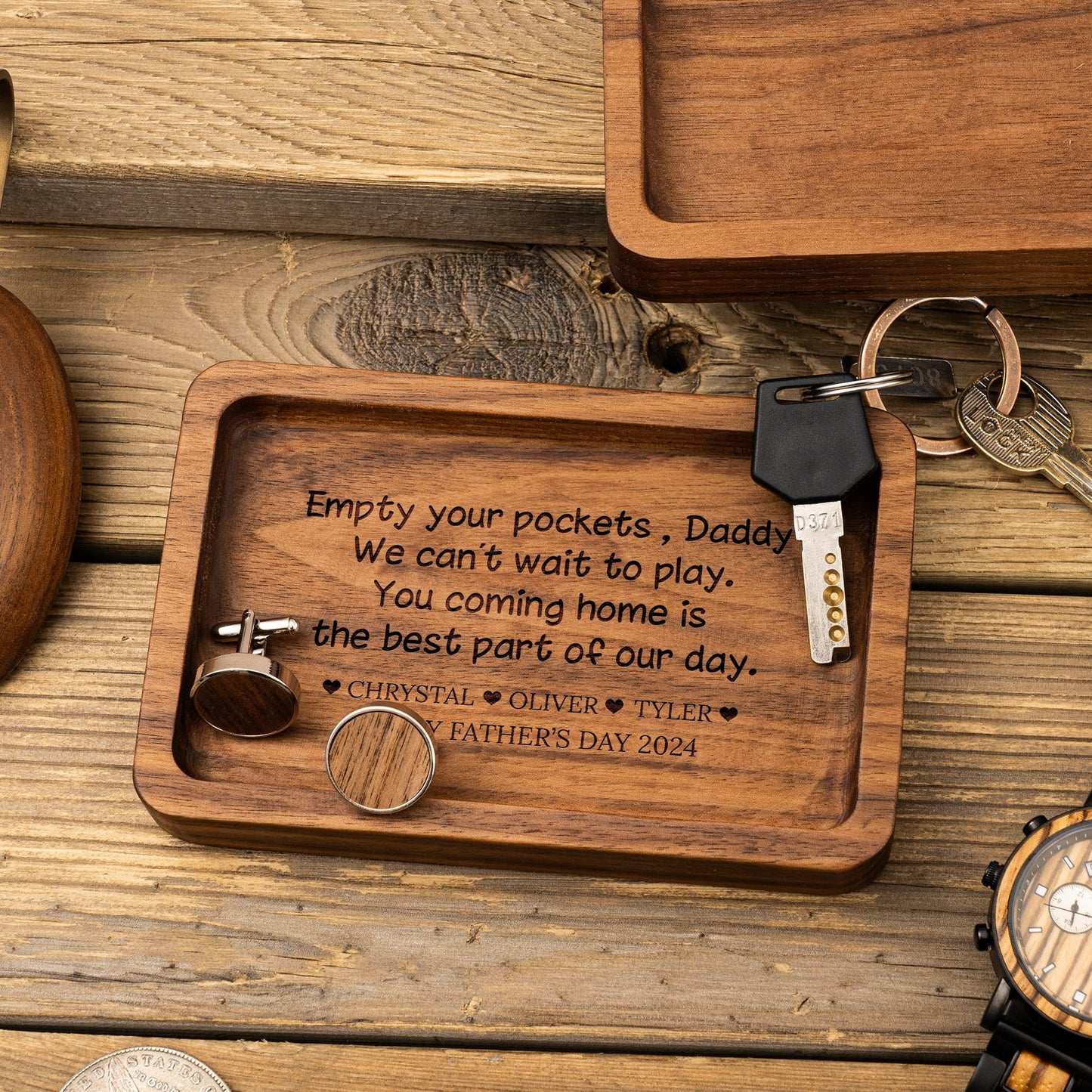 Empty your Pockets Daddy - Custom Engraved Wood Tray, Father's Day Gift for Dad, Custom Wood Catchall, Personalized Valet Tray for Men