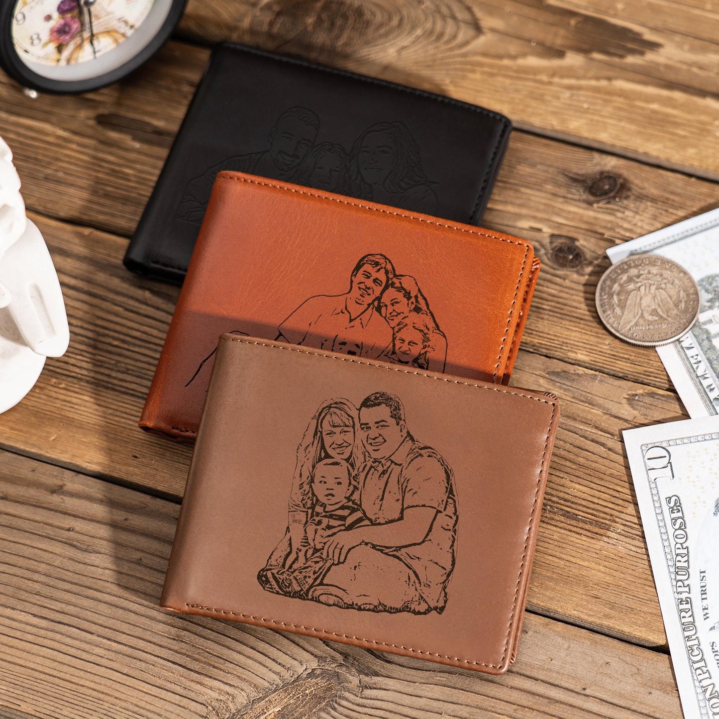Personalized Leather Wallet, Custom Photo Leather Wallet, Engraved Mens Wallet, Anniversary Gift, Christmas Gift for Him, Men, Dad, Husband