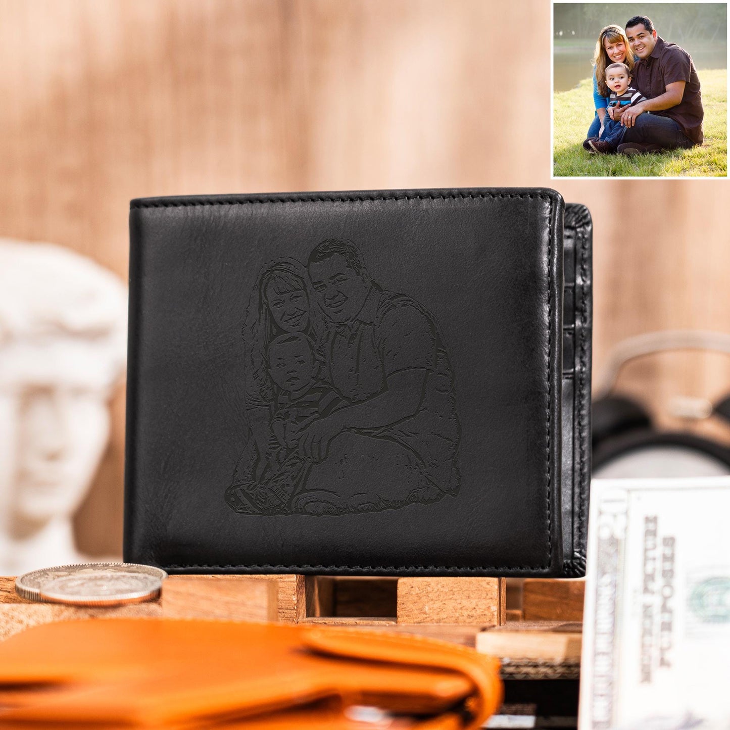 Personalized Leather Wallet, Custom Photo Leather Wallet, Engraved Mens Wallet, Anniversary Gift, Christmas Gift for Him, Men, Dad, Husband