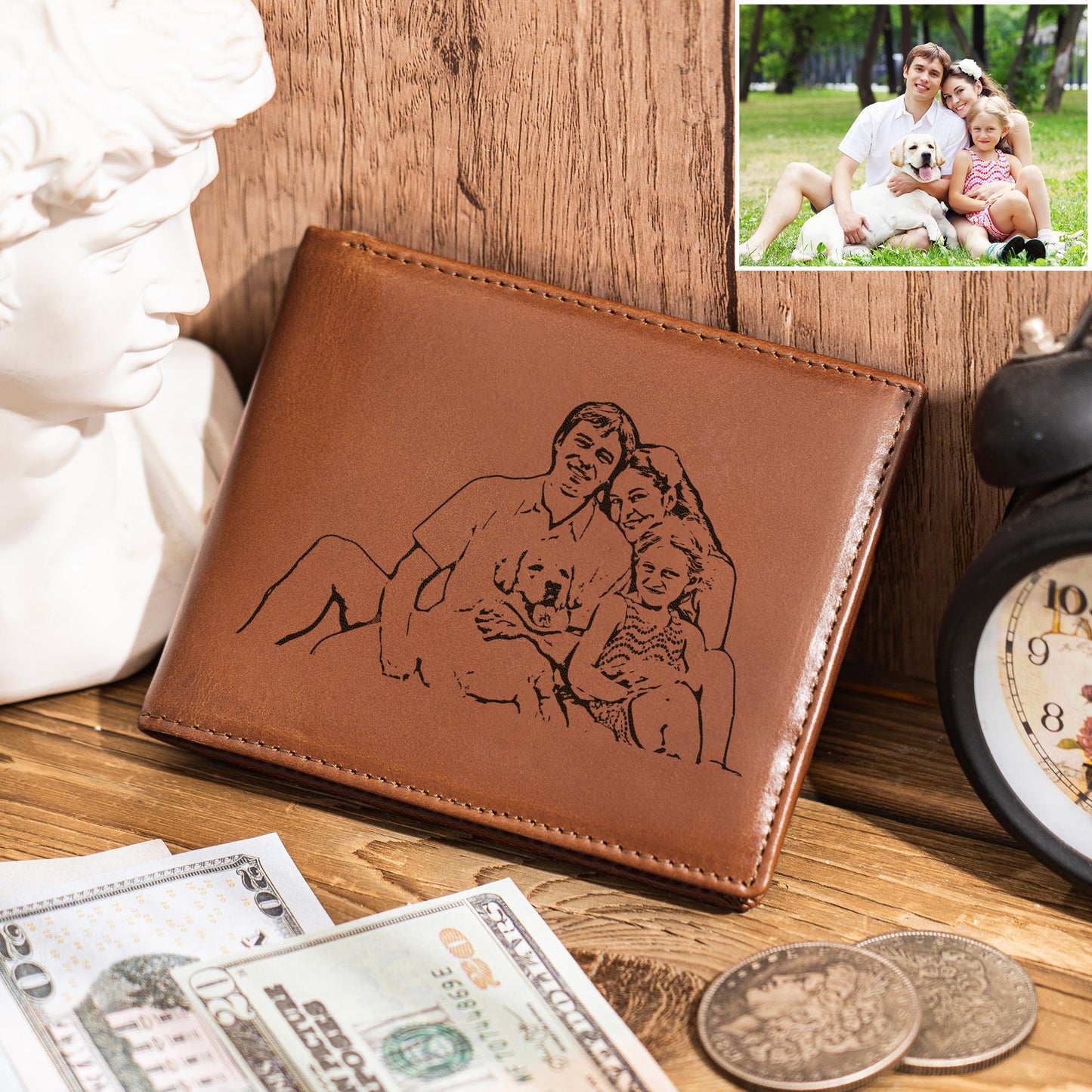 Personalized Leather Wallet, Custom Photo Leather Wallet, Engraved Mens Wallet, Anniversary Gift, Christmas Gift for Him, Men, Dad, Husband
