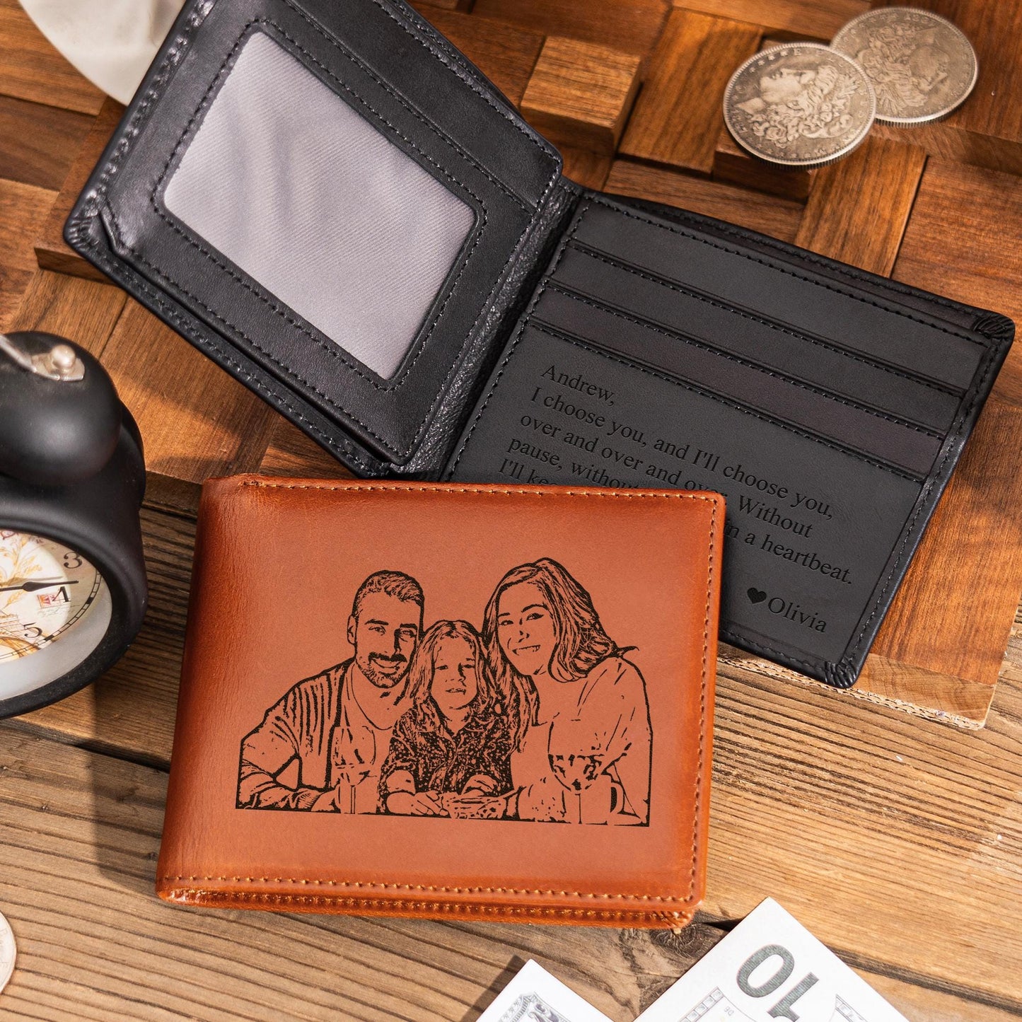 Personalized Leather Wallet, Custom Photo Leather Wallet, Engraved Mens Wallet, Anniversary Gift, Christmas Gift for Him, Men, Dad, Husband