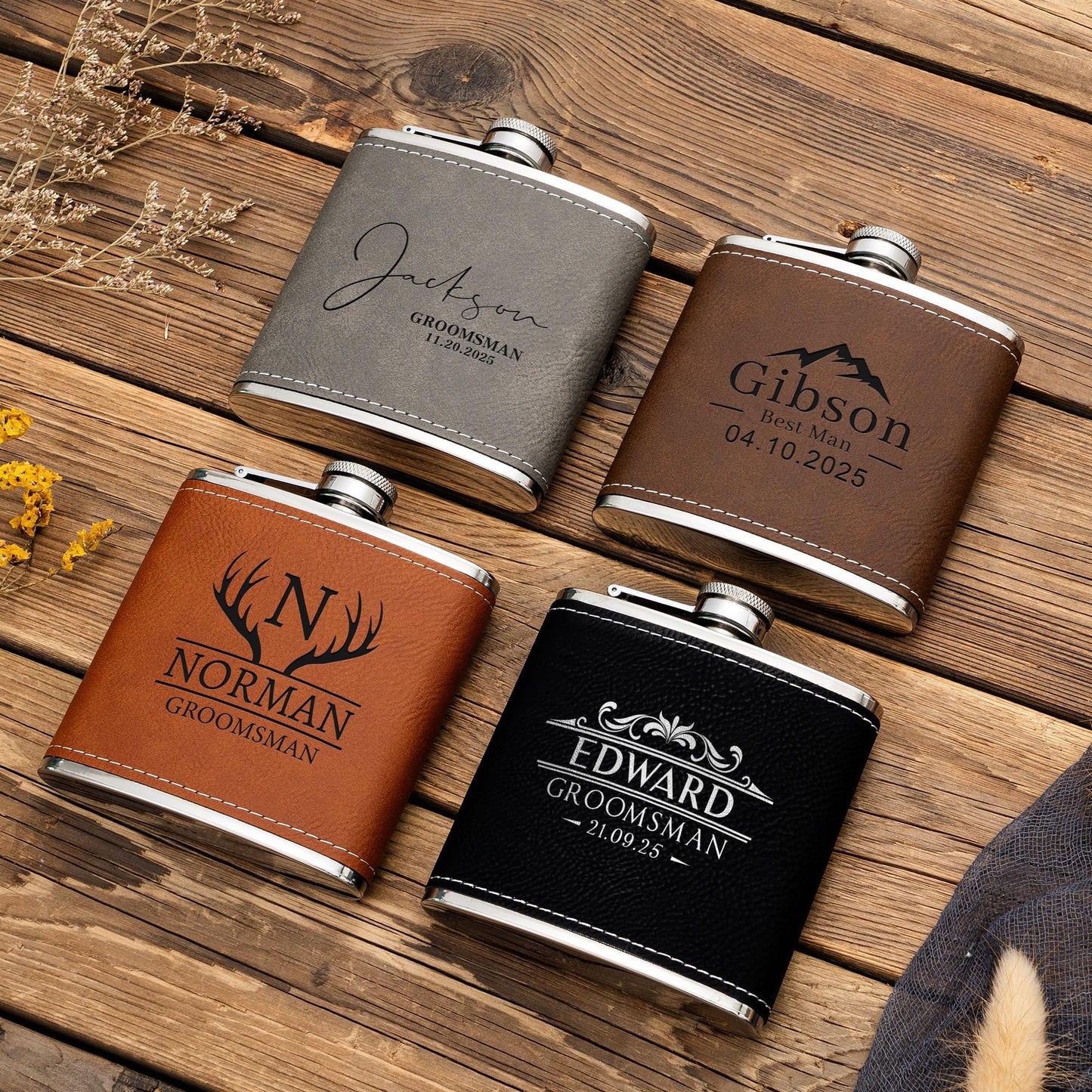 Personalized Leather Flask for Men, Groomsmen Gifts, Custom Leather Groomsman Flask, Best Man Flask Gifts, Groomsmen Proposal, Wedding Gifts